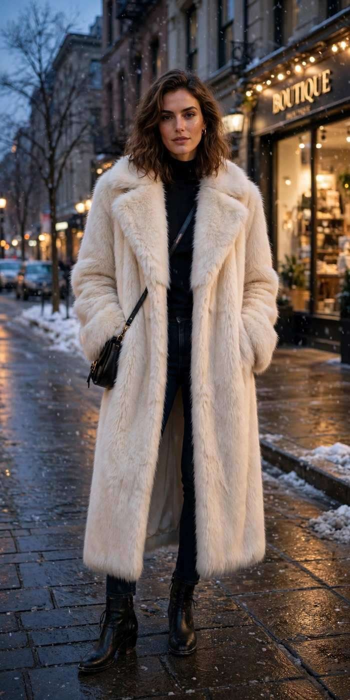 Stylish woman in faux fur coat on city street