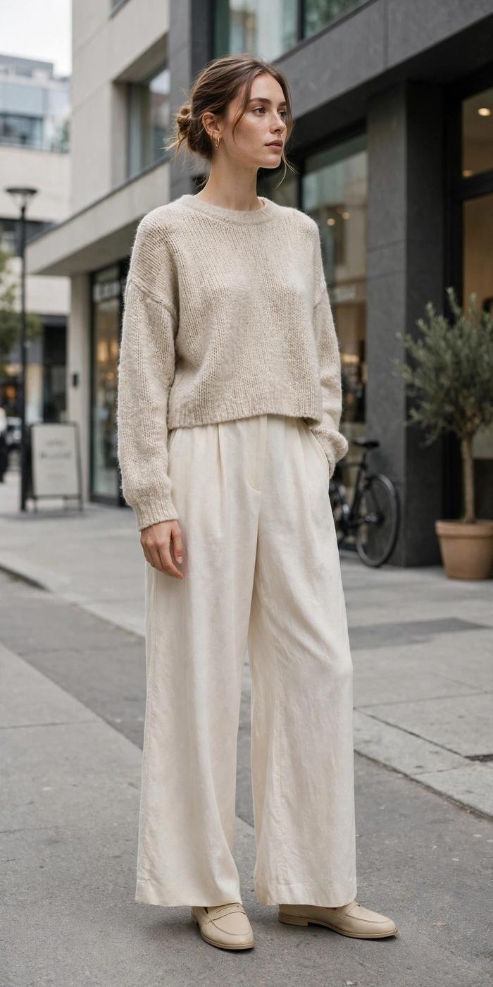 Woman in wide leg trousers street style