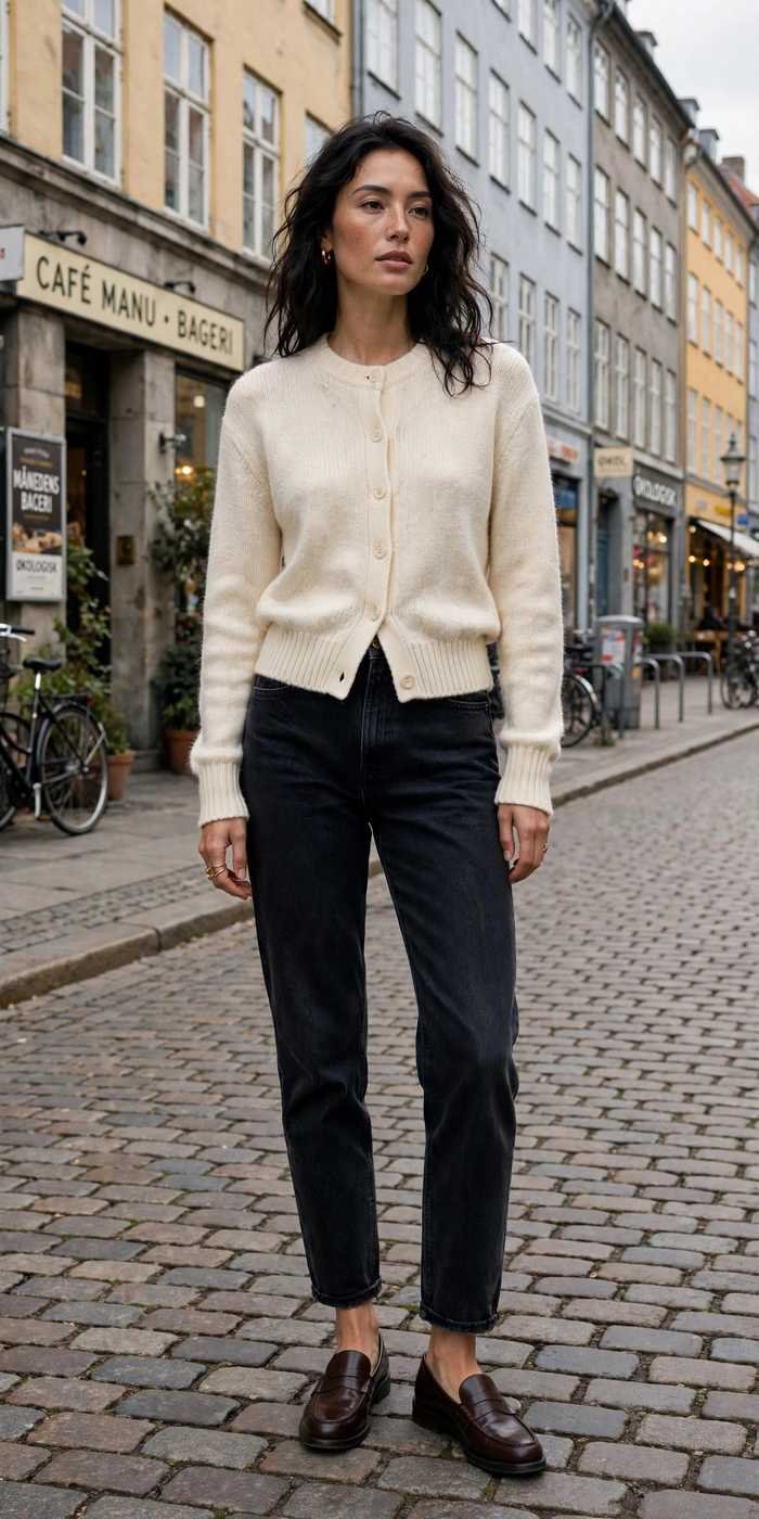 Woman in cardigan casual street style look