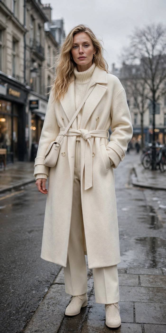Elegant woman in cream winter street style attire