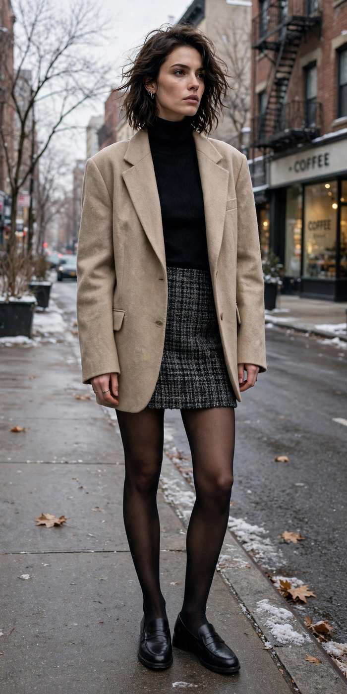 Woman in plaid skirt street style outfit
