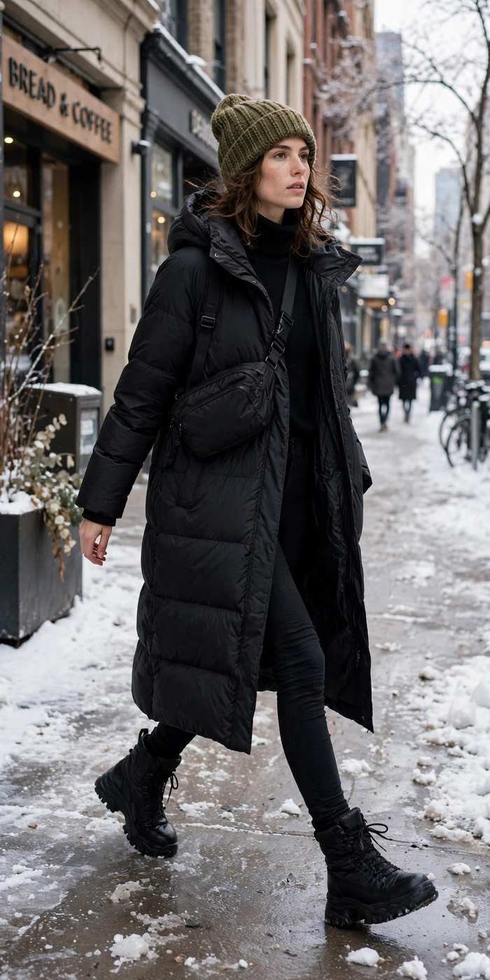 Stylish woman in winter urban street fashion