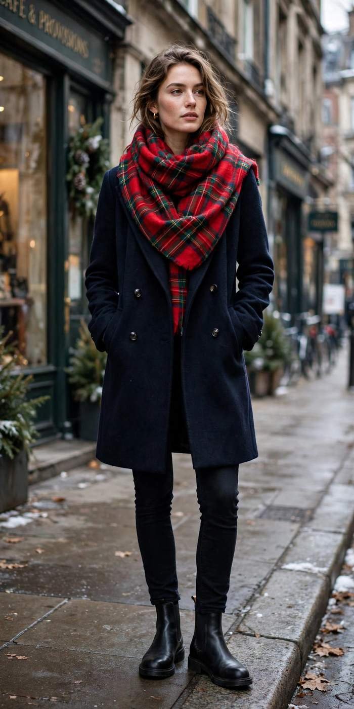 Woman in checkered coat with scarf street style
