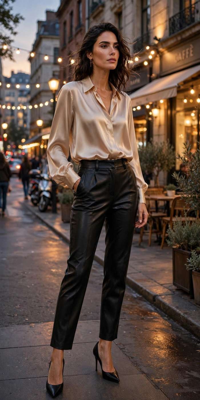 Woman in white silk blouse street style outfit