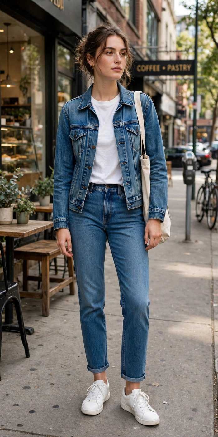 Woman in white sneakers and jeans casual street style
