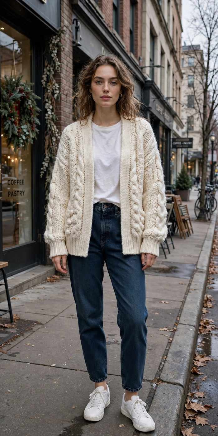 Woman in cozy cardigan casual fall outfit