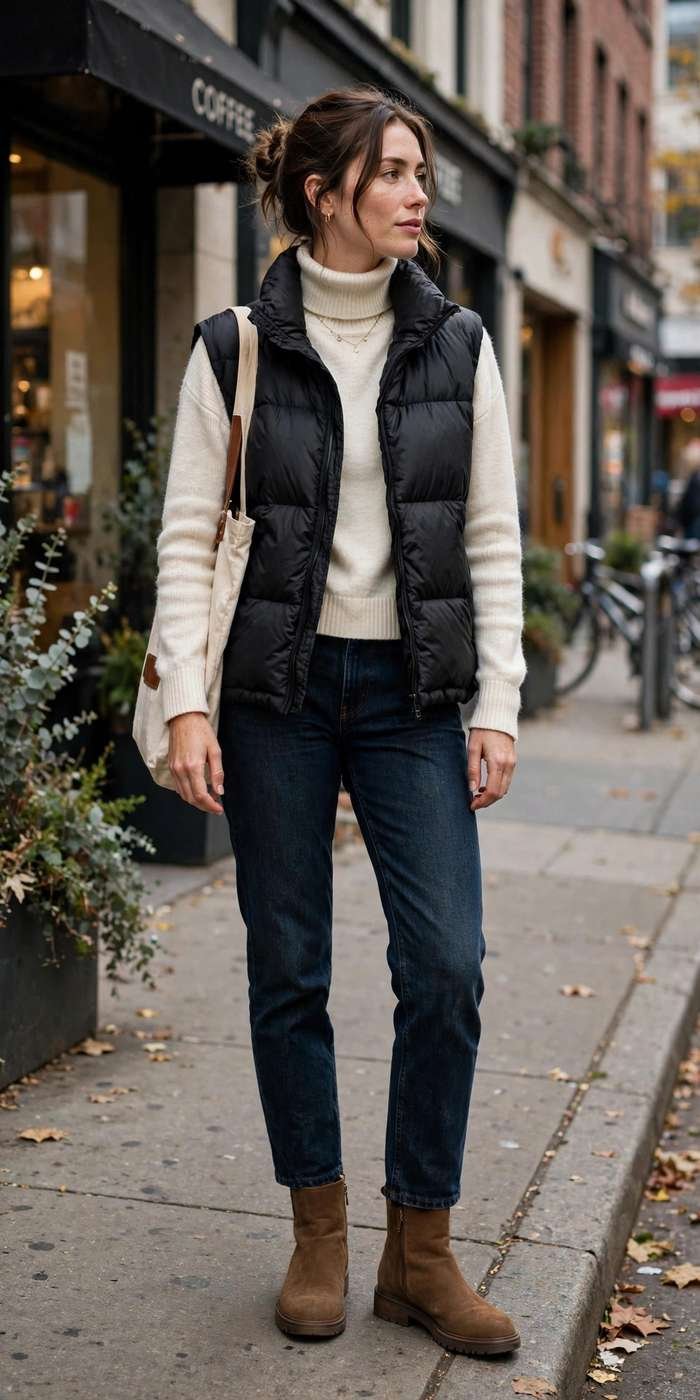 Woman in puffer vest layered winter outfit