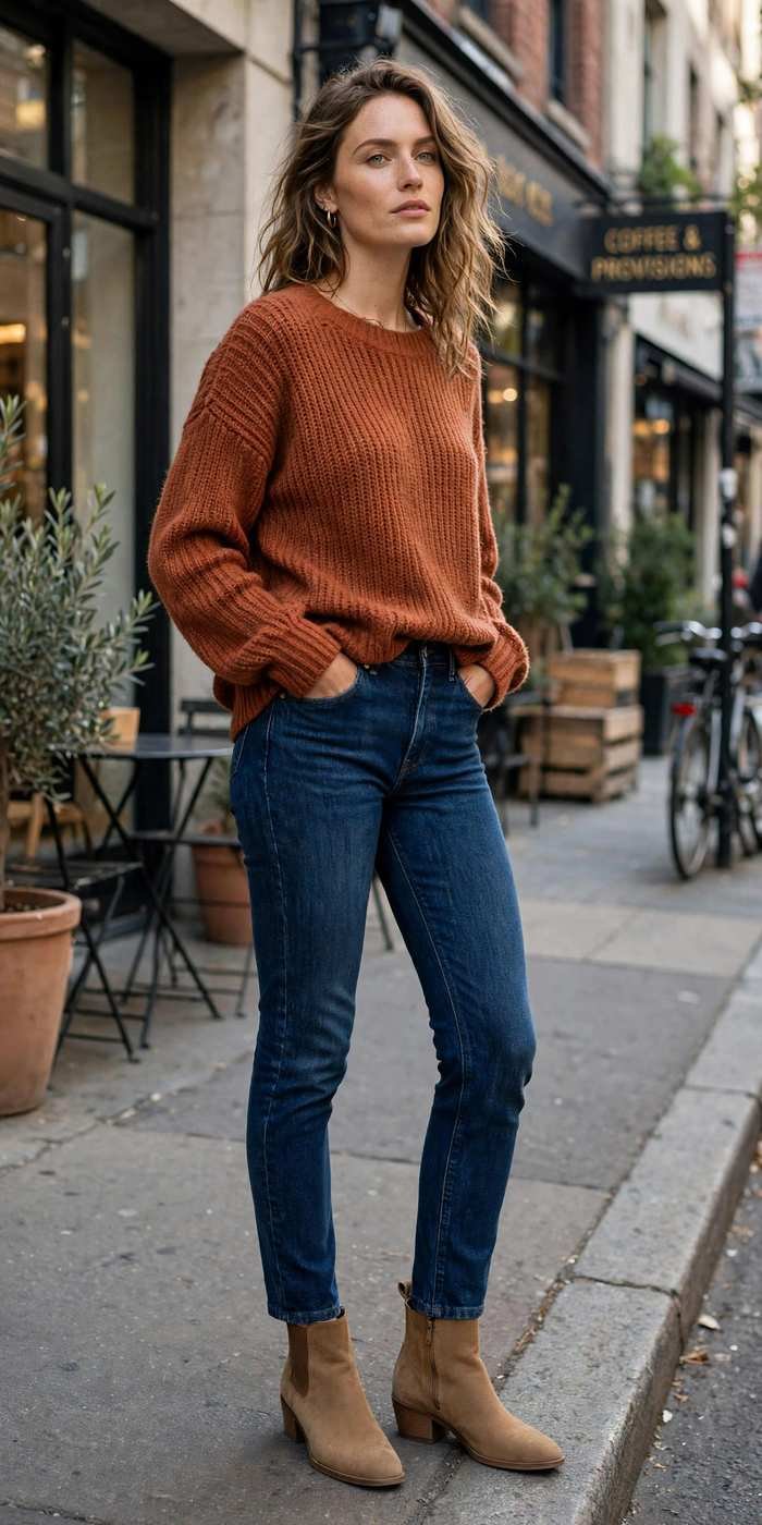 Woman in soft knit sweater autumn casual look