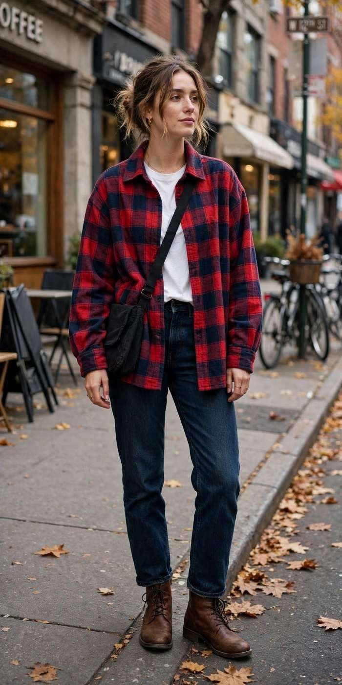 Woman in checkered coat casual street style