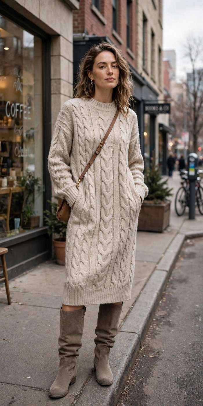 Woman in sweater dress with boots street style