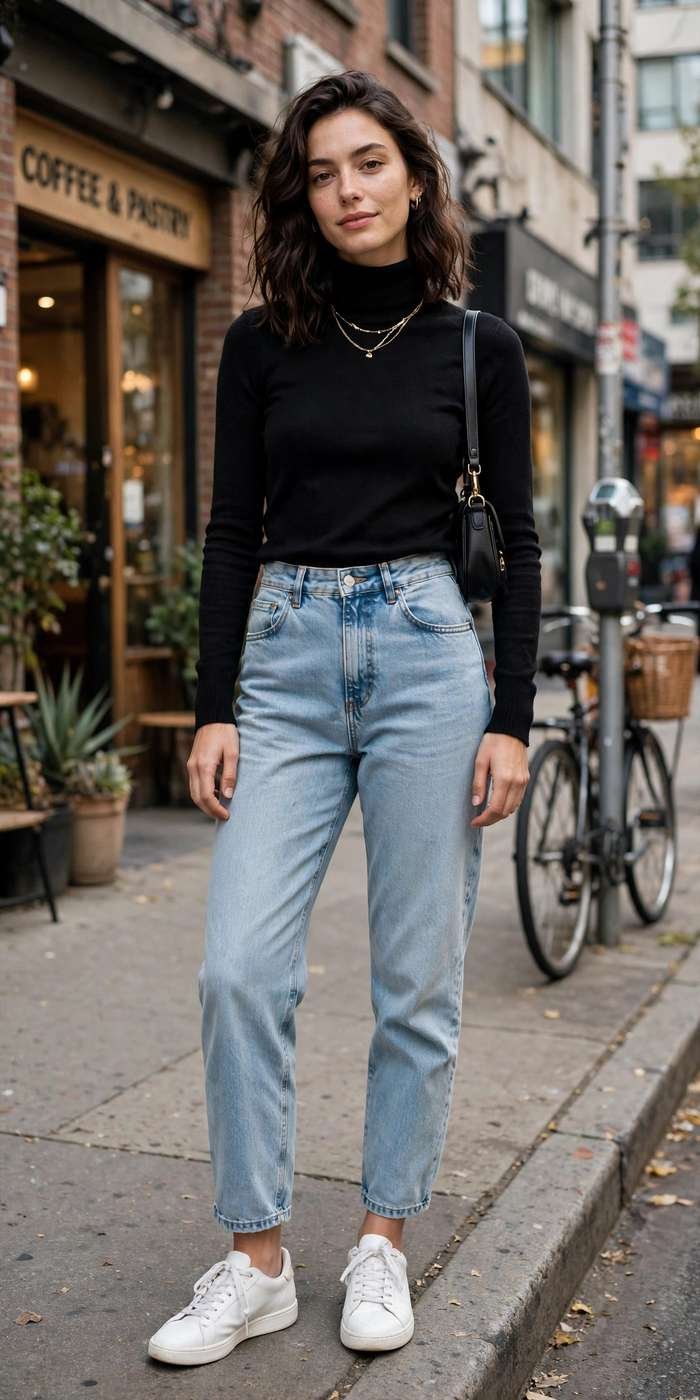 Woman in turtleneck and jeans fall street style