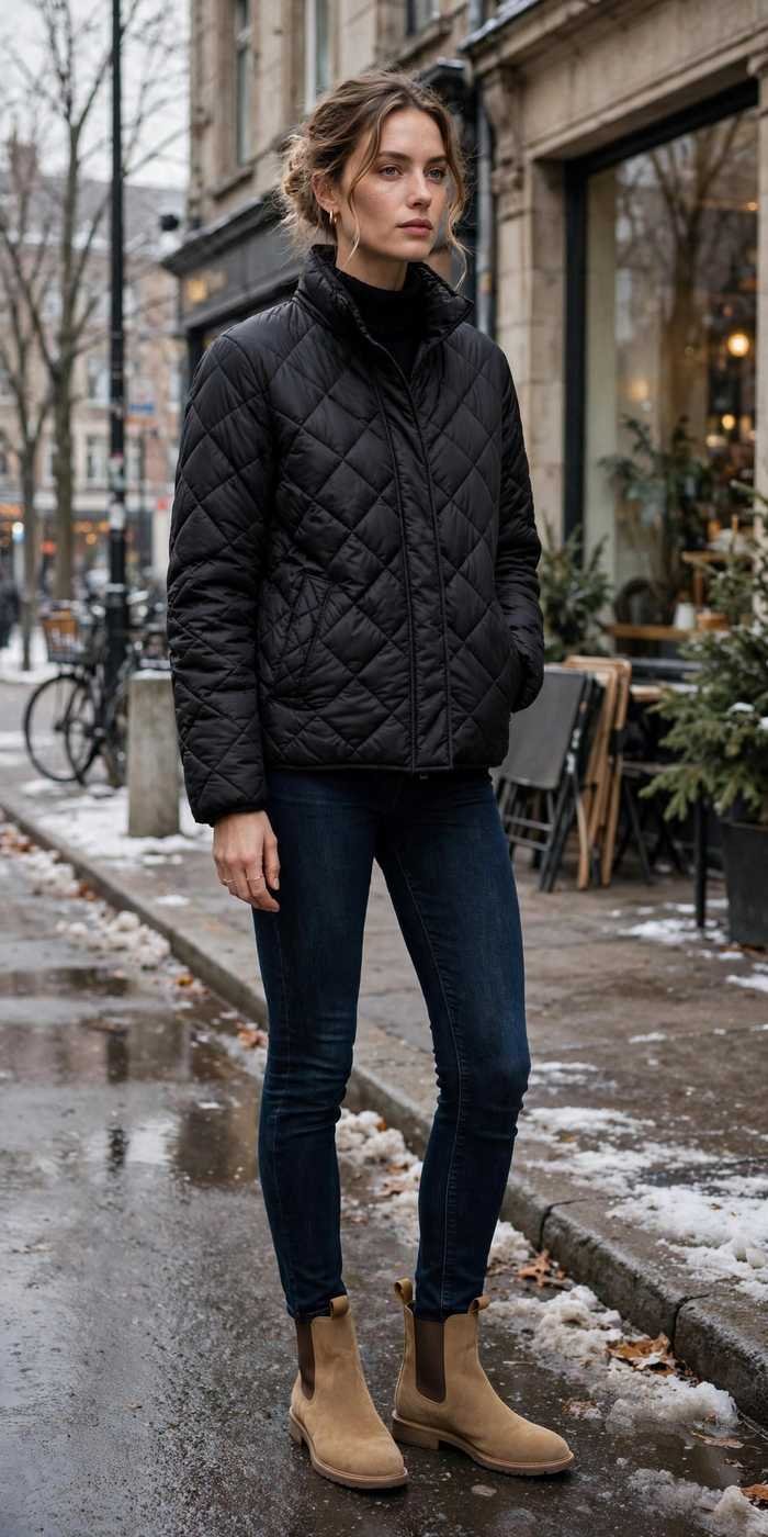 Woman in quilted winter jacket street style