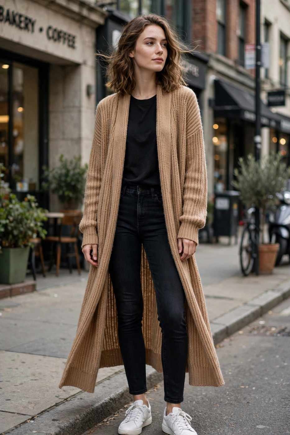 Woman in longline cardigan casual outfit