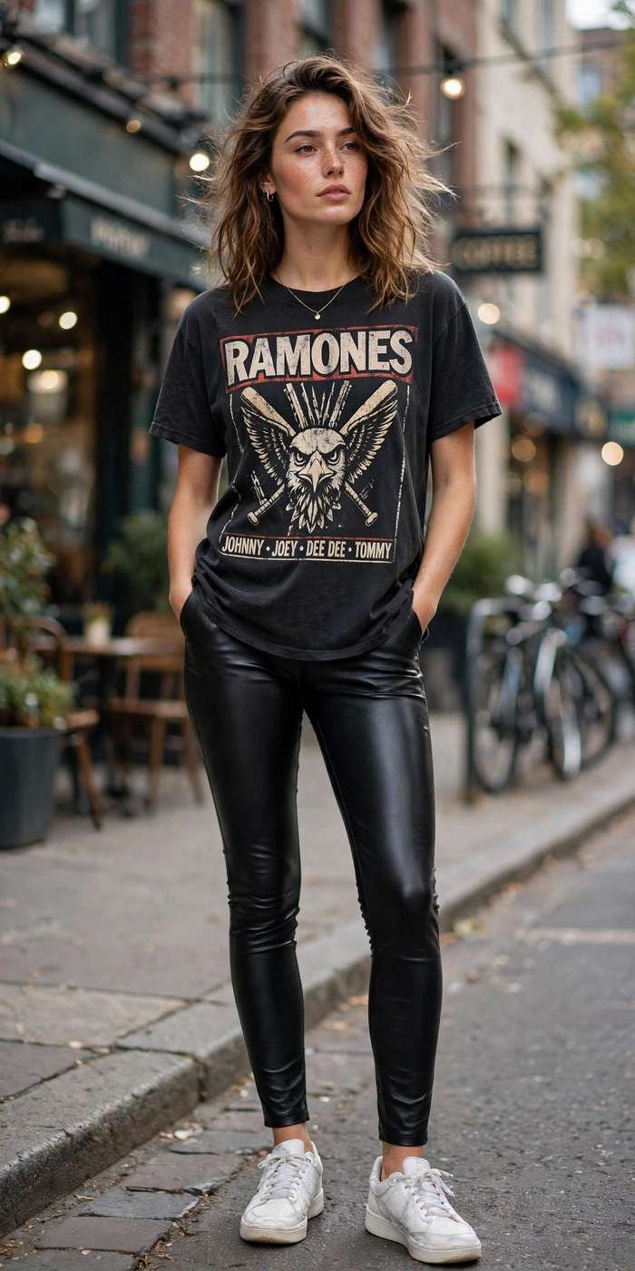 Woman in leather pants edgy street style outfit