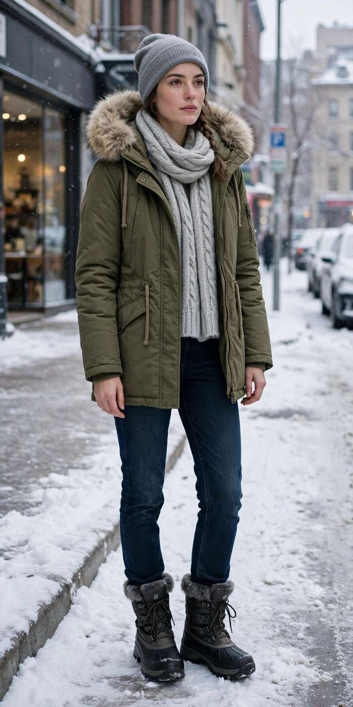 Woman in winter parka cozy street style