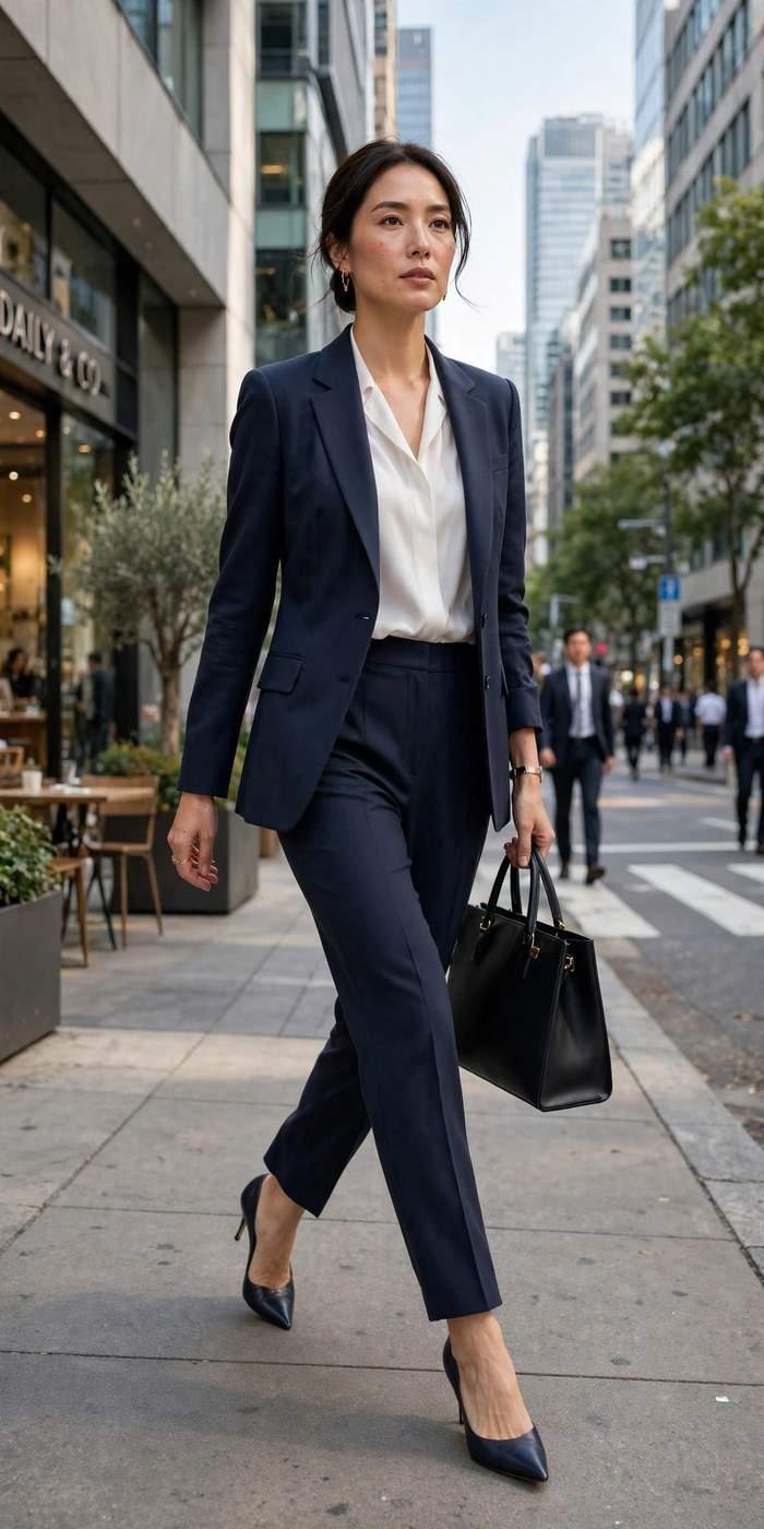 Elegant woman in tailored gray suit professional outfit