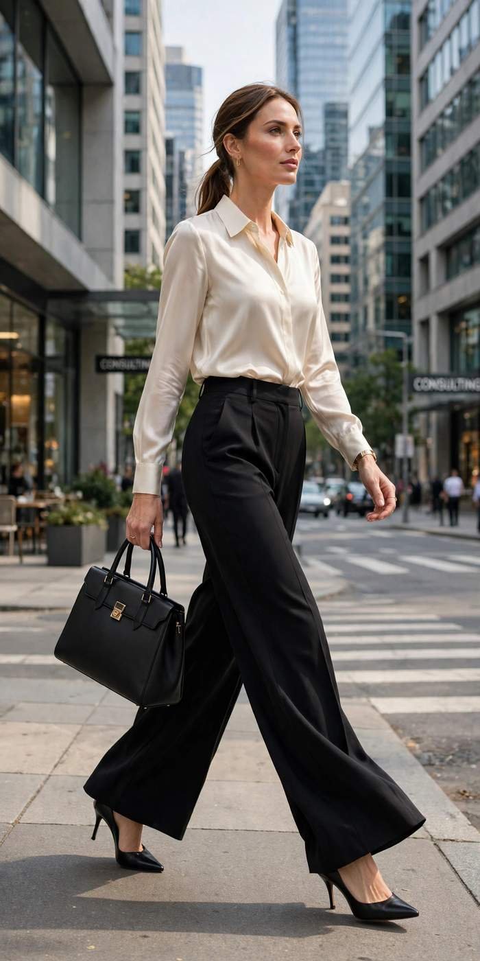 Fashionable woman in wide leg trousers city street style