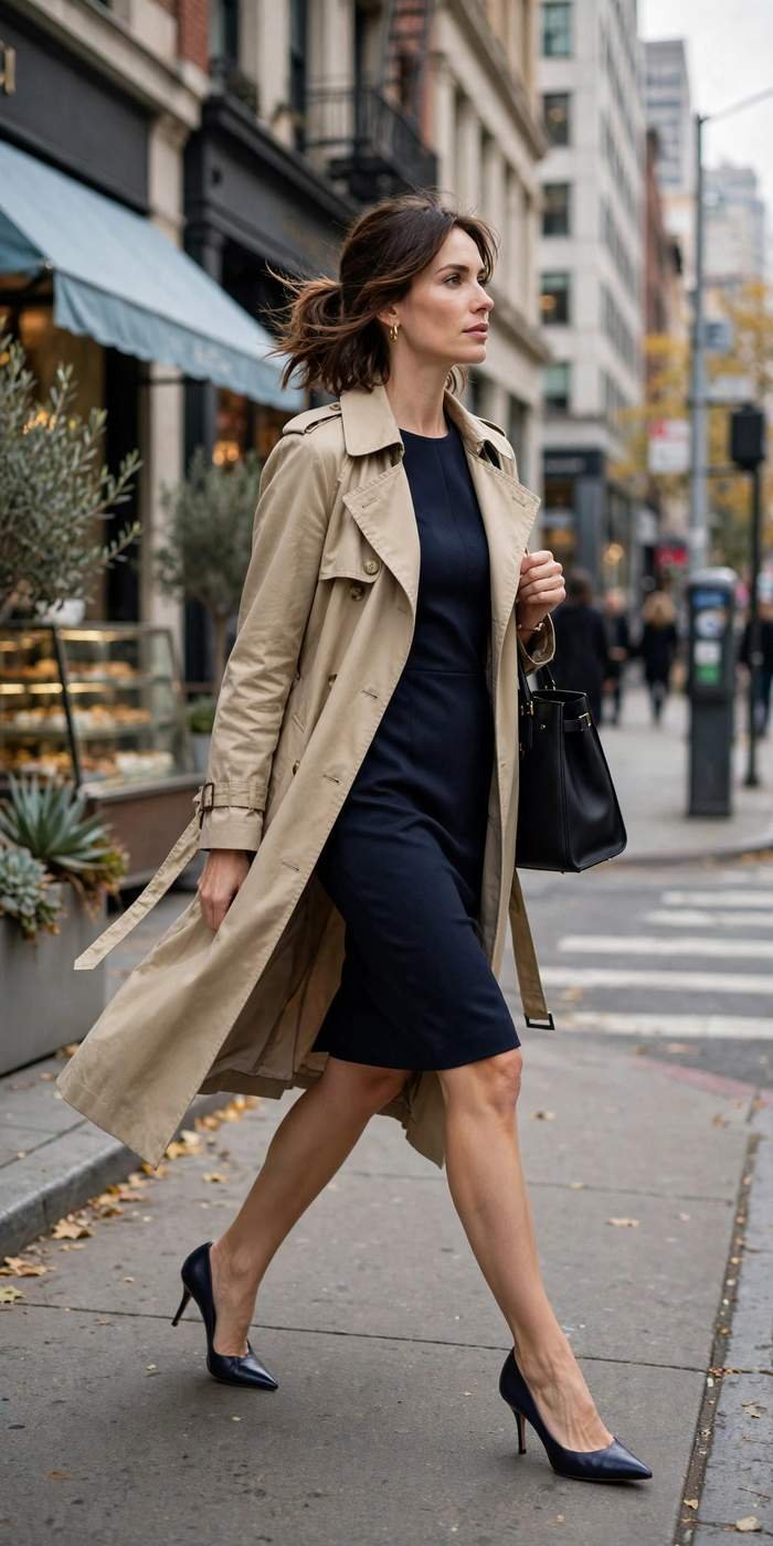 Woman in trench coat elegant office street style