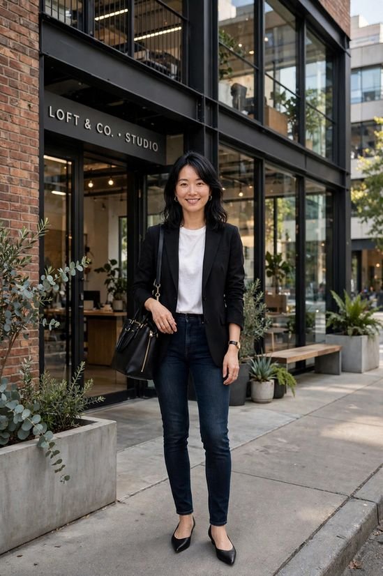Professional woman in black blazer work outfit