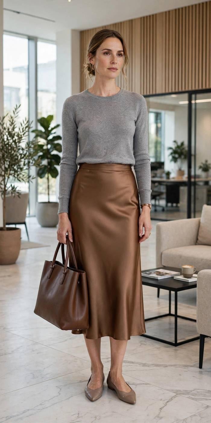Woman in satin skirt elegant outfit
