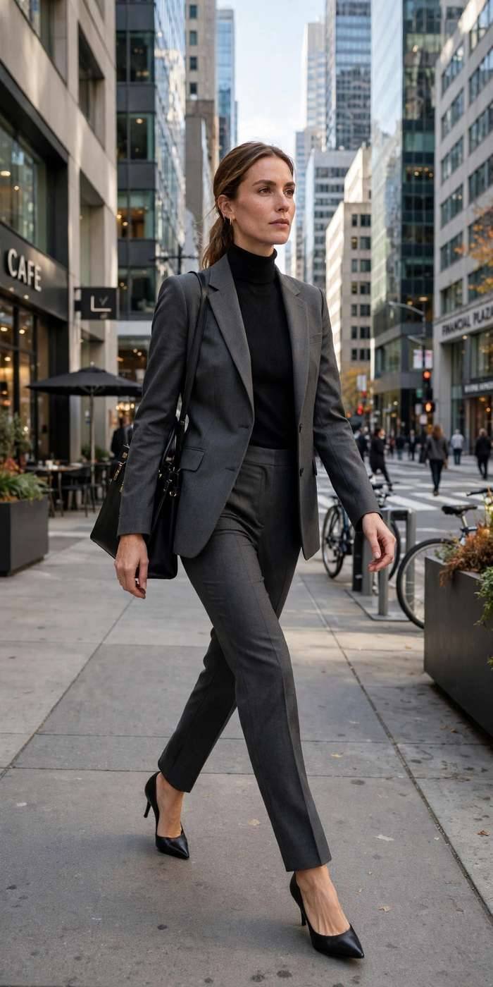 Professional woman in charcoal suit office style