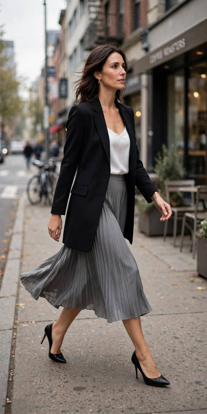 Woman in longline coat office street style