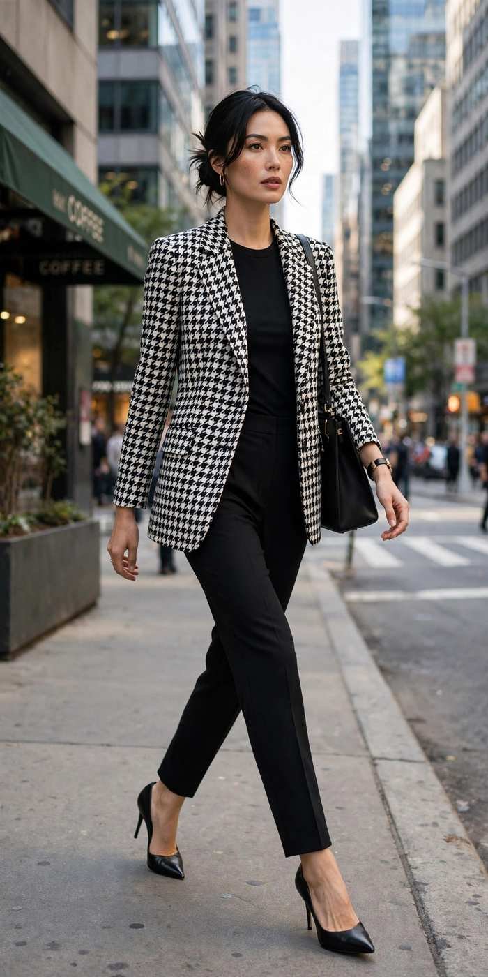 Woman in checkered blazer street style