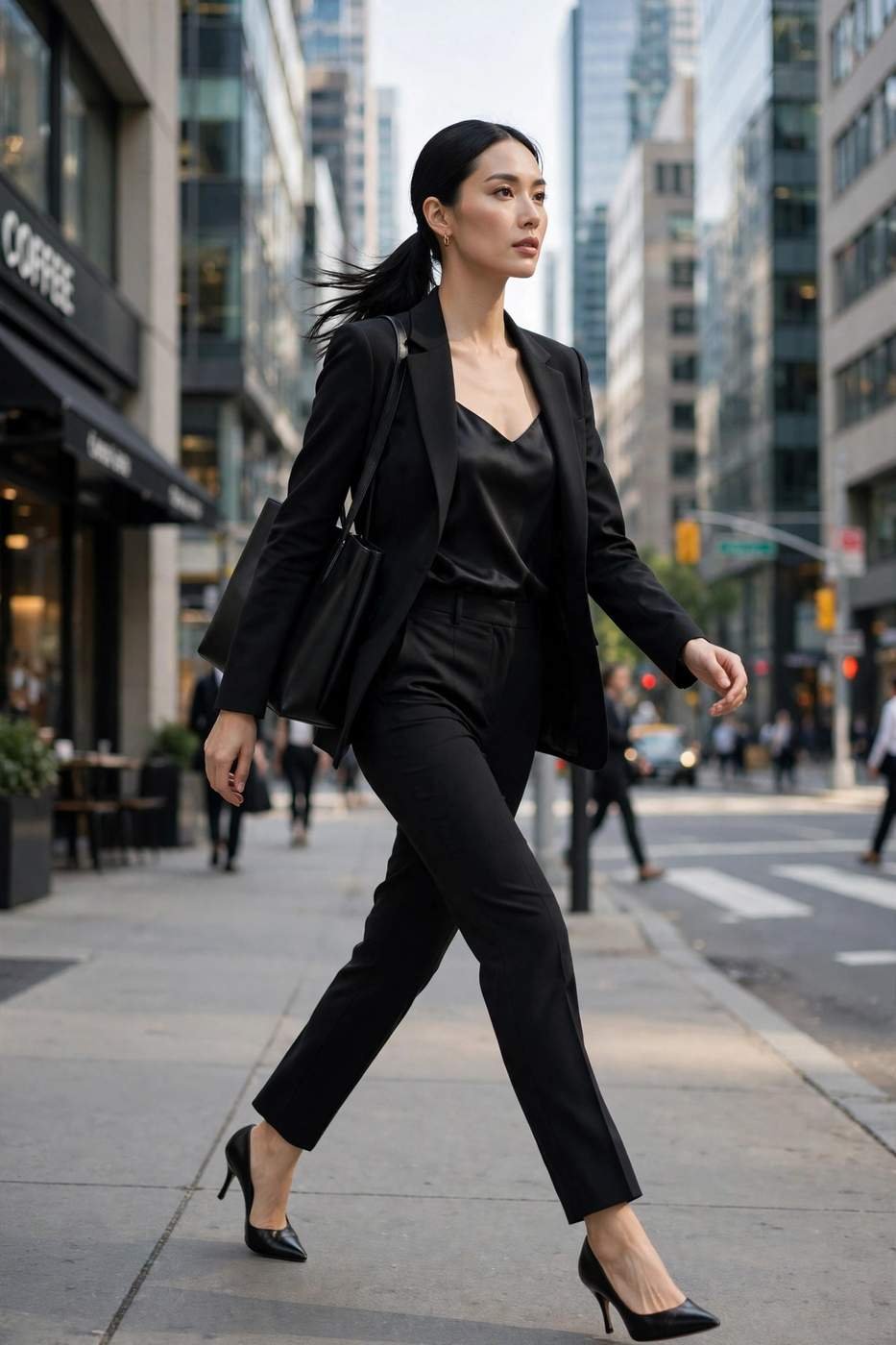 Elegant woman in black outfit on city street