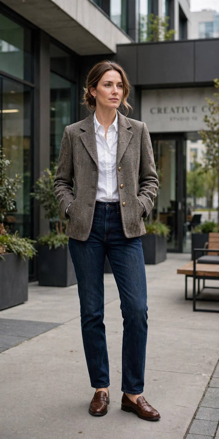 Woman in tweed style jacket street outfit