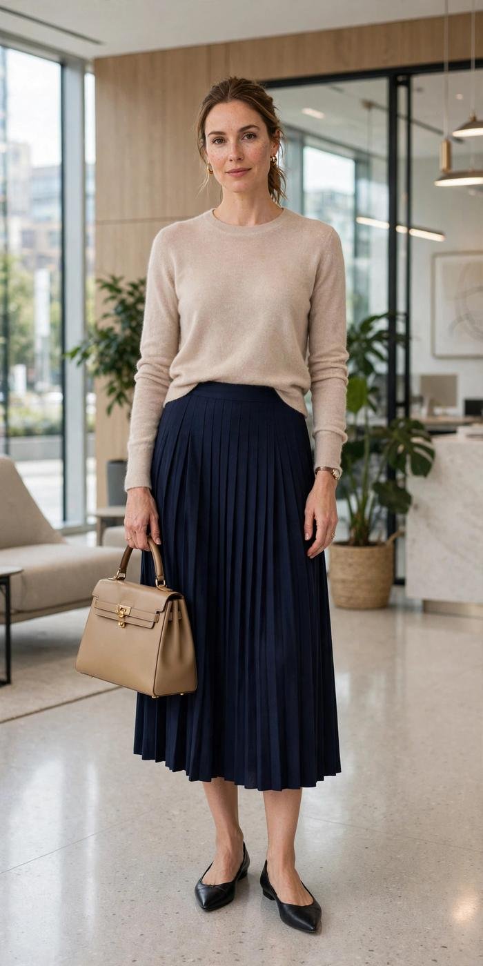 Woman in pleated midi skirt street style