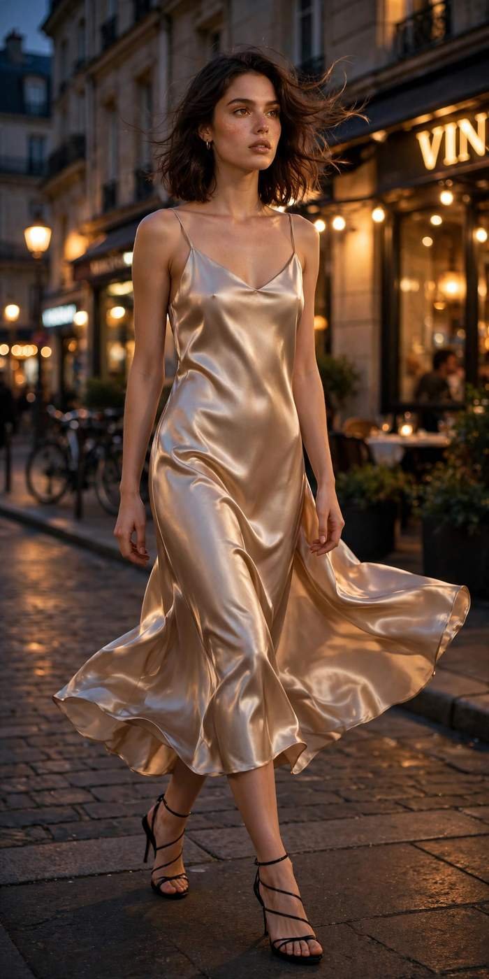 Woman in satin slip dress evening street style