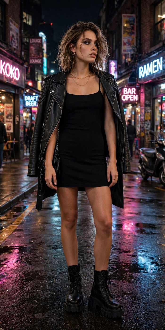Woman in black dress on city street at night