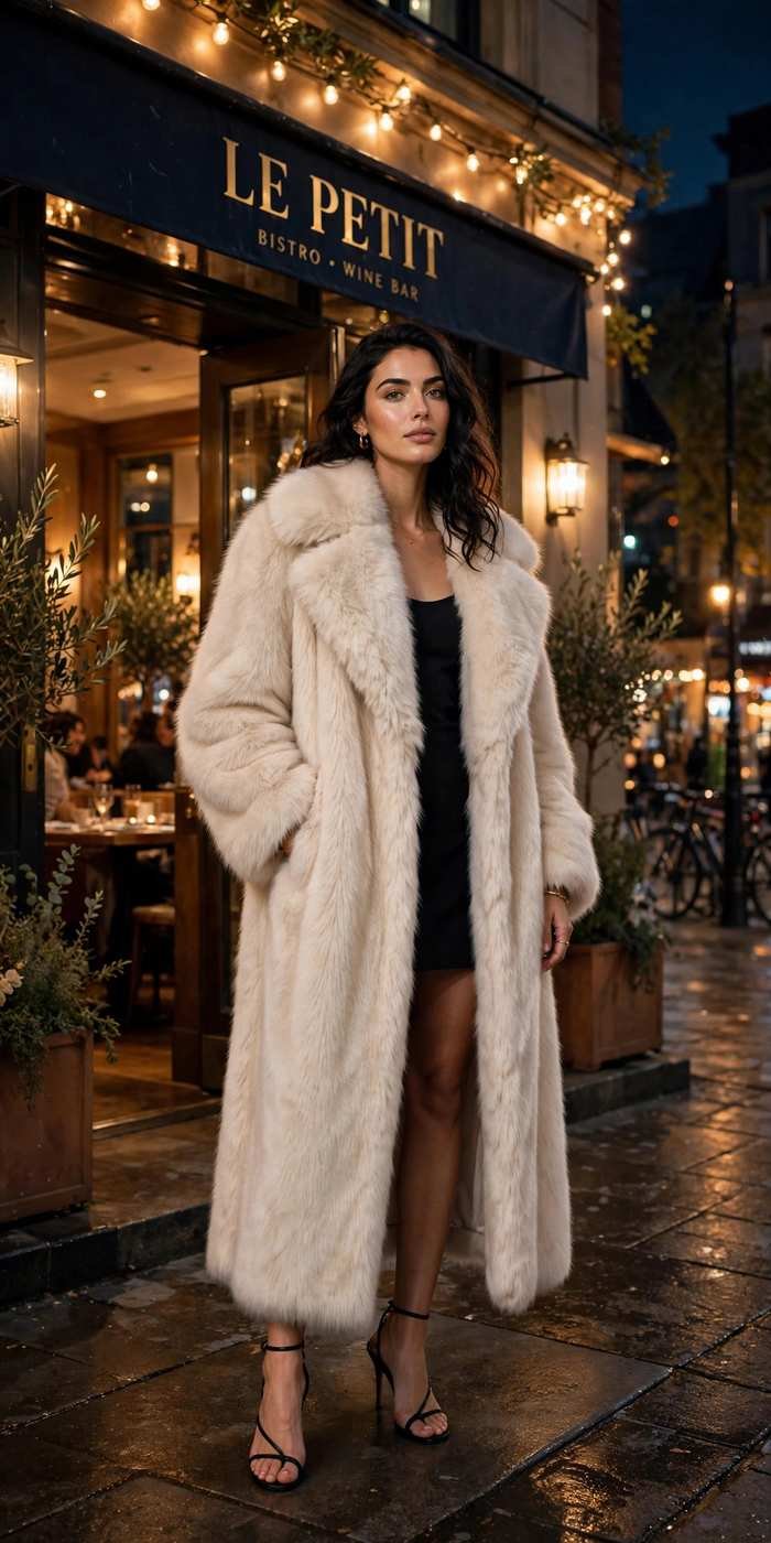 Stylish woman in fur coat on city street at night