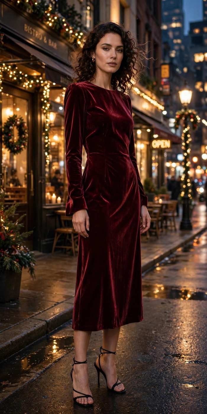 Woman in velvet dress winter evening look