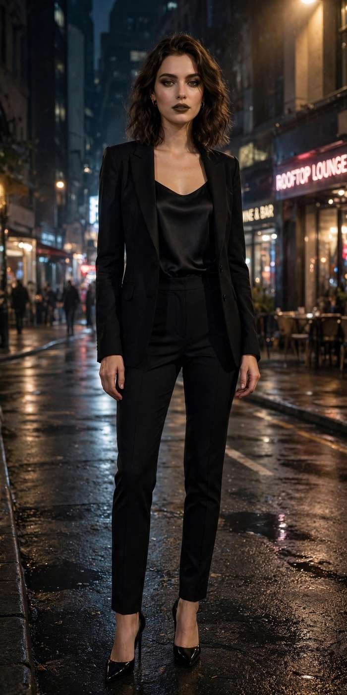Woman in monochrome black and white night outfit