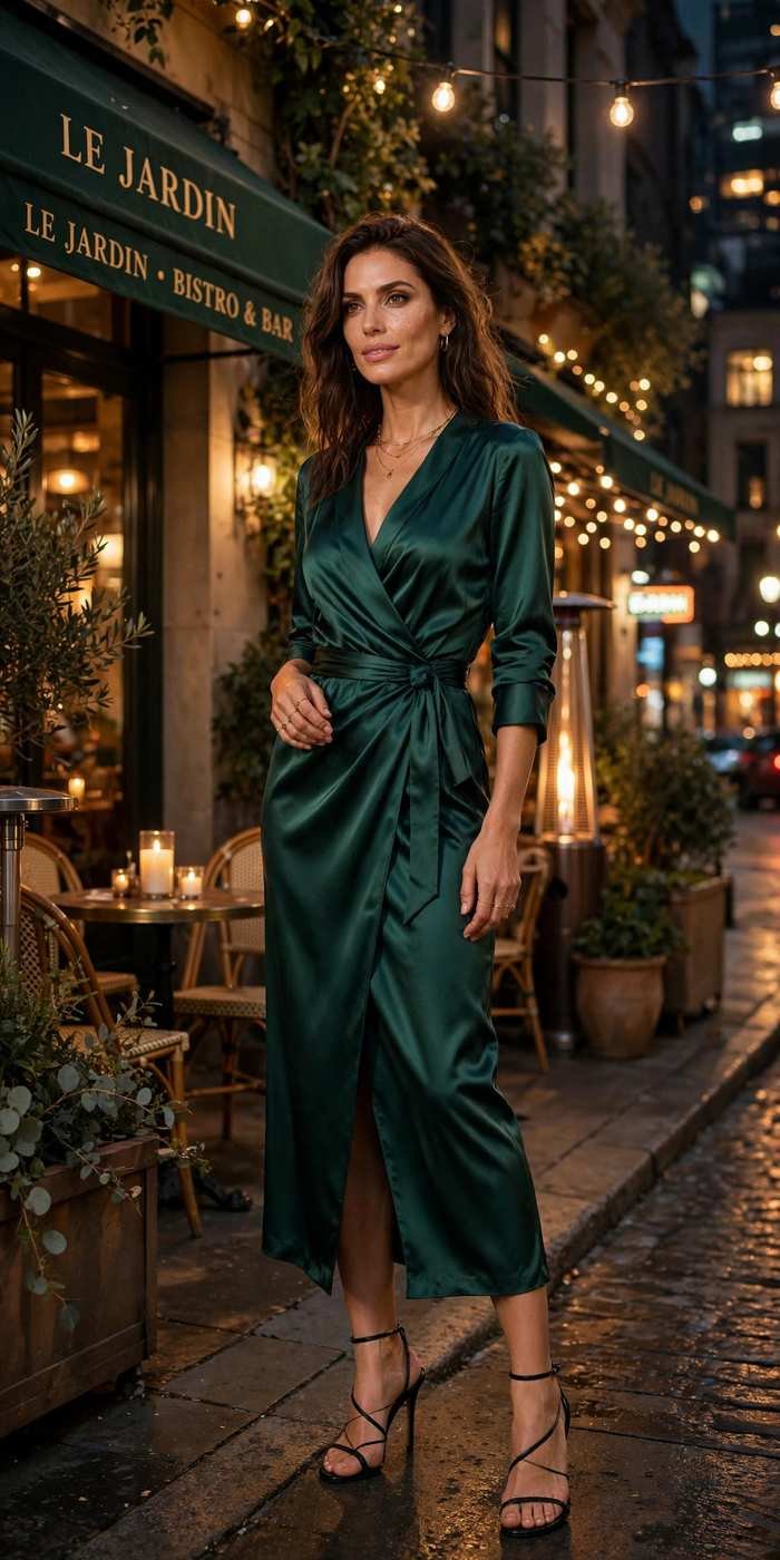 Woman in wrap dress on city street