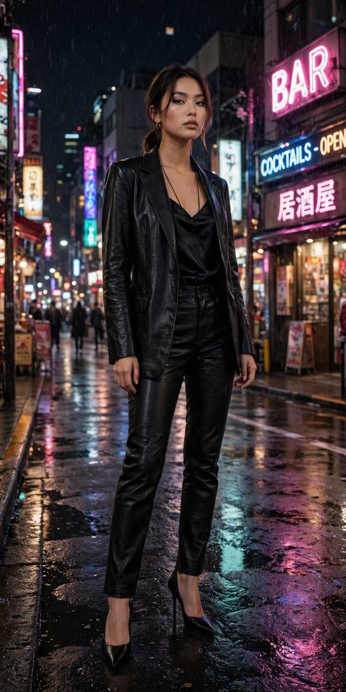 Woman in all black leather edgy night look