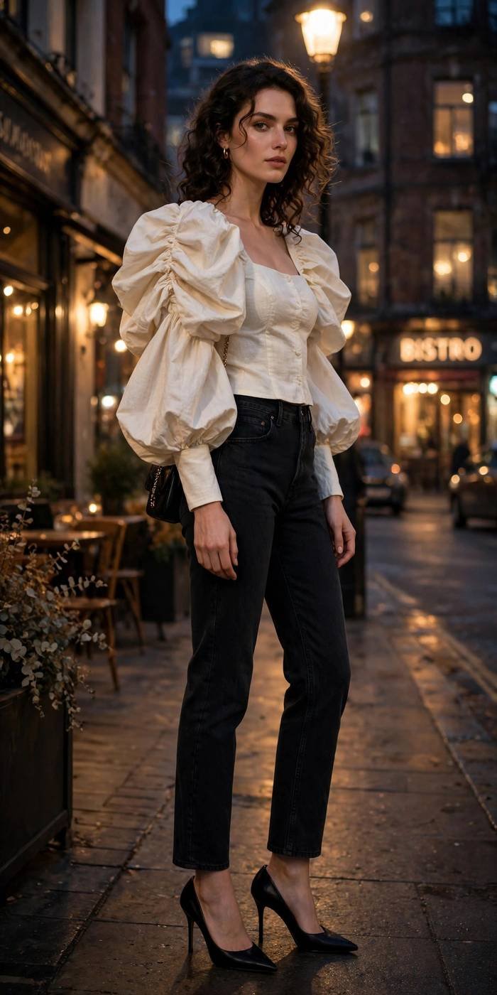 Woman in statement sleeve top street style