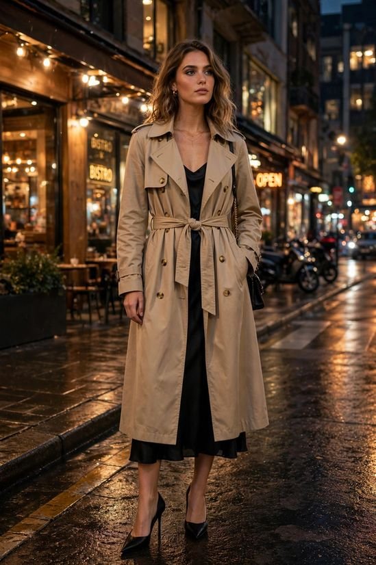 Woman in trench coat night street style