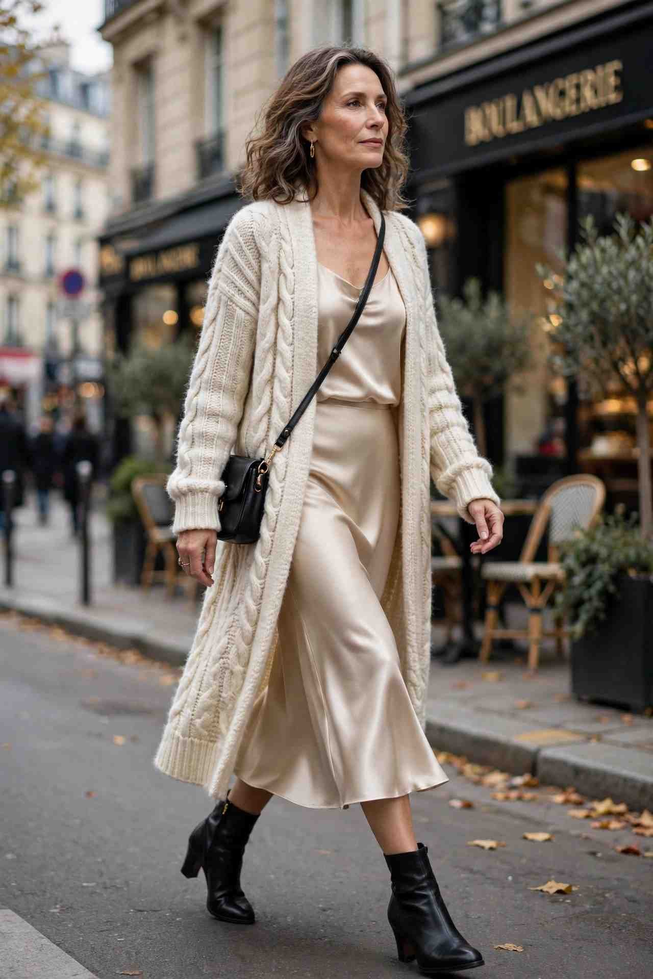 The Long Cardigan and Satin Skirt Combo