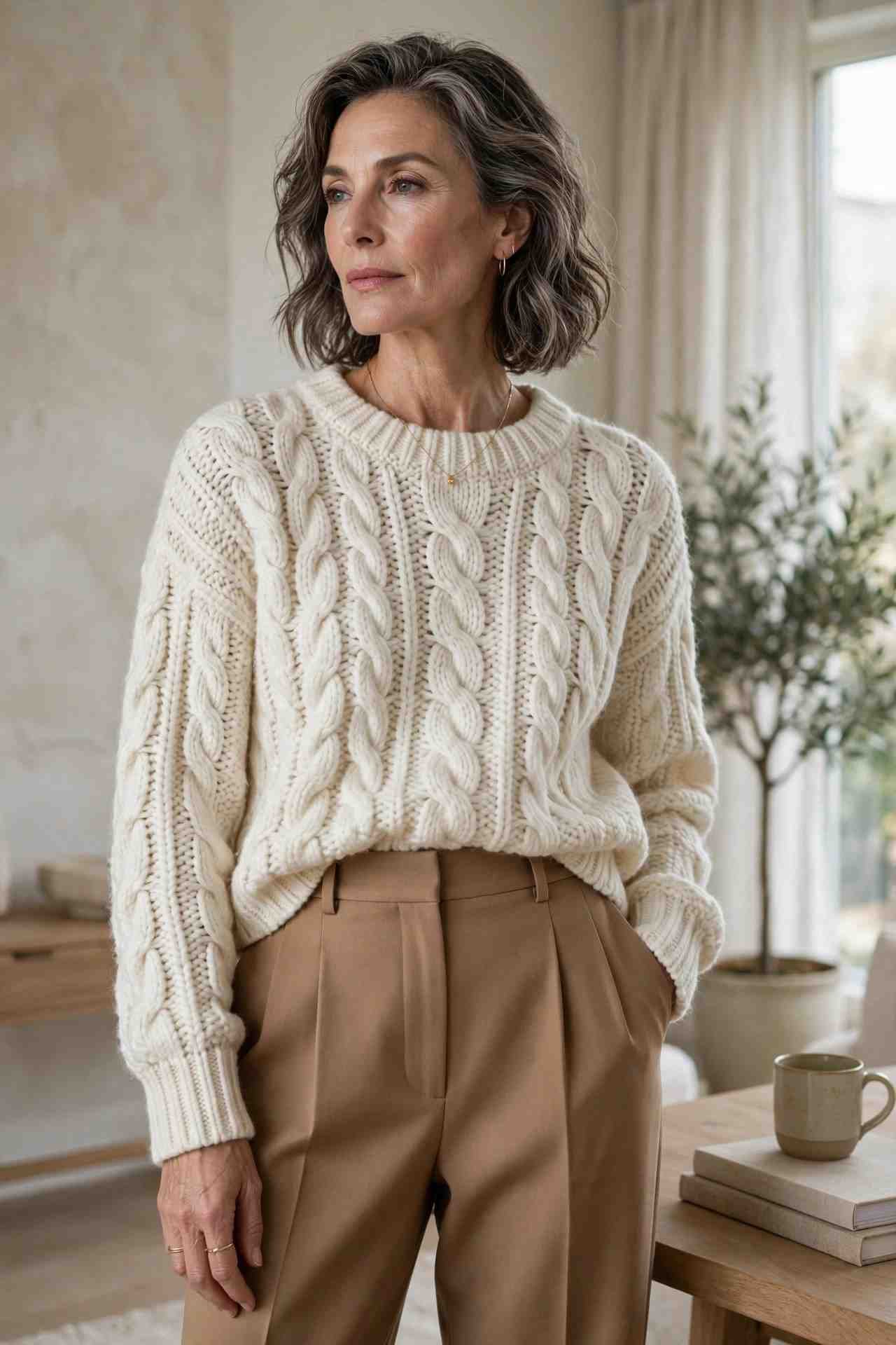 Ivory Knit and Camel Trousers