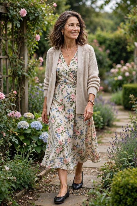 Cardigan, Midi Dress, Ballet Flats