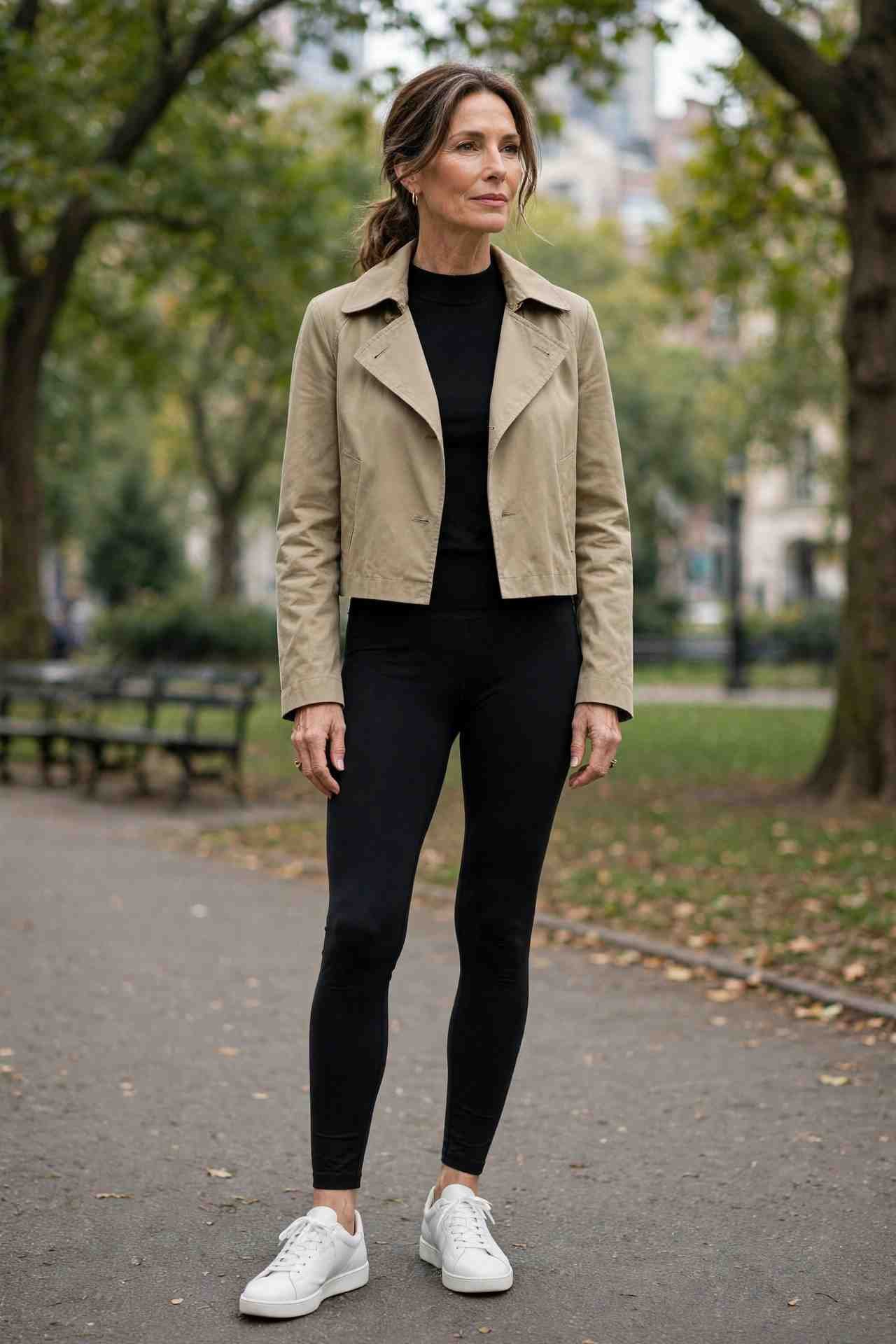 Cropped Trench, Leggings, White Sneakers