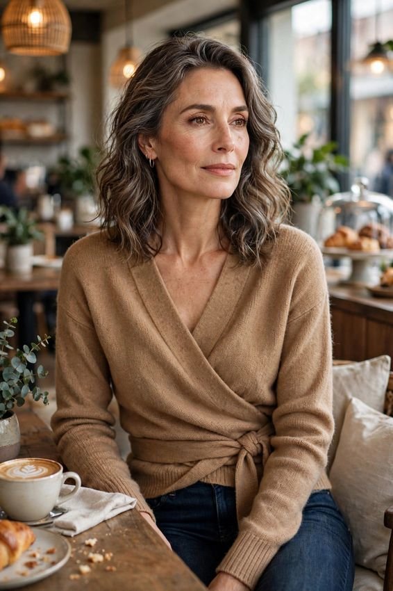 Camel Wrap Sweater and Jeans