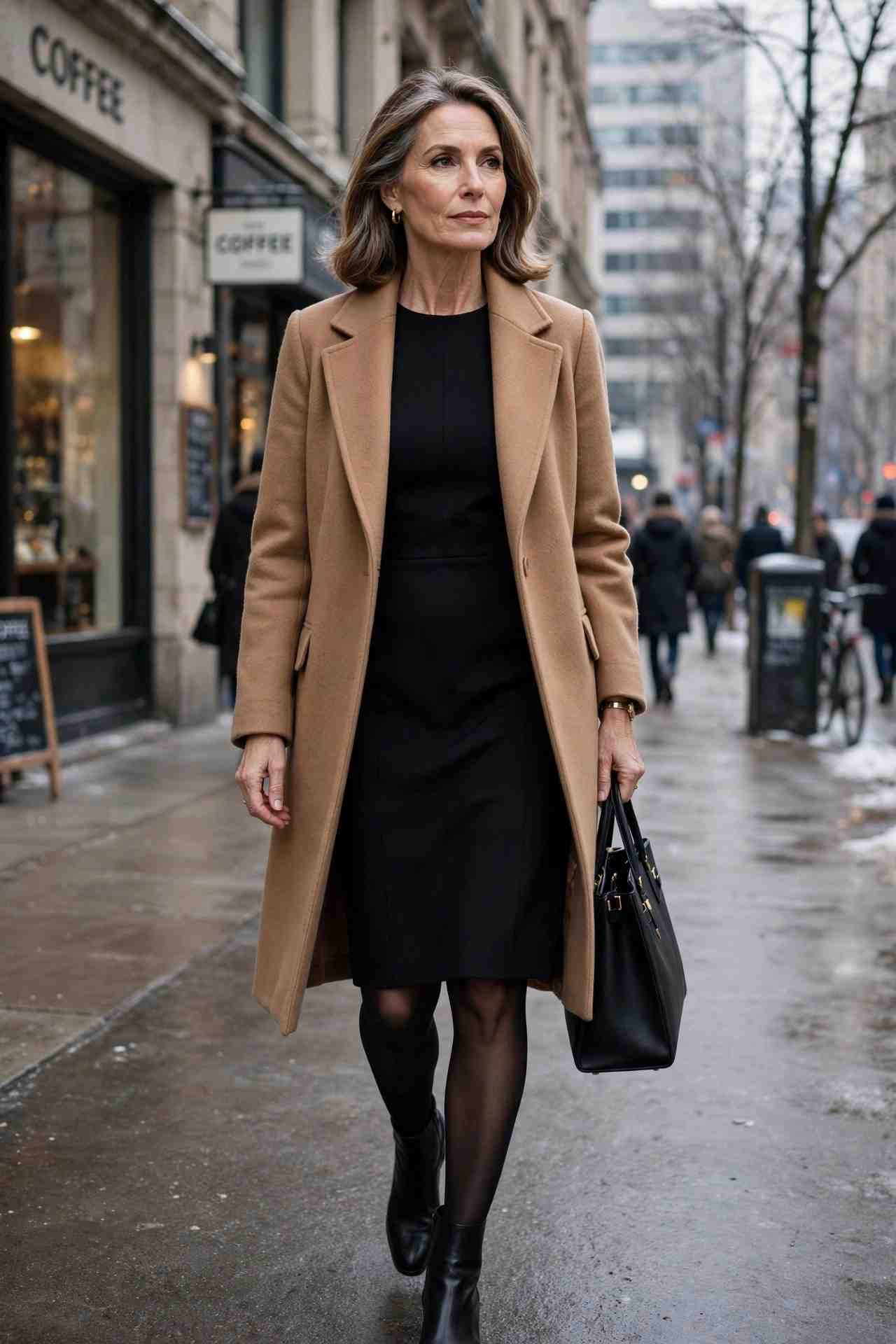 Camel Coat Over a Sheath Dress