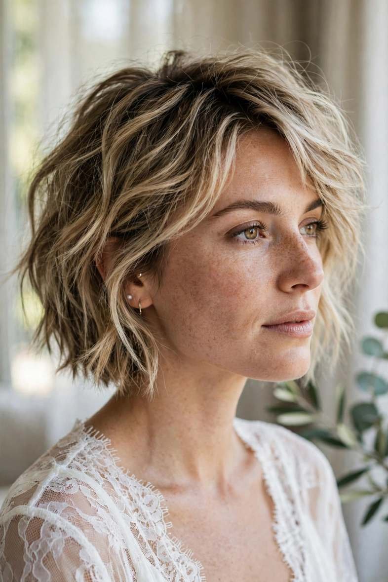 Bride with textured tousled bob hairstyle