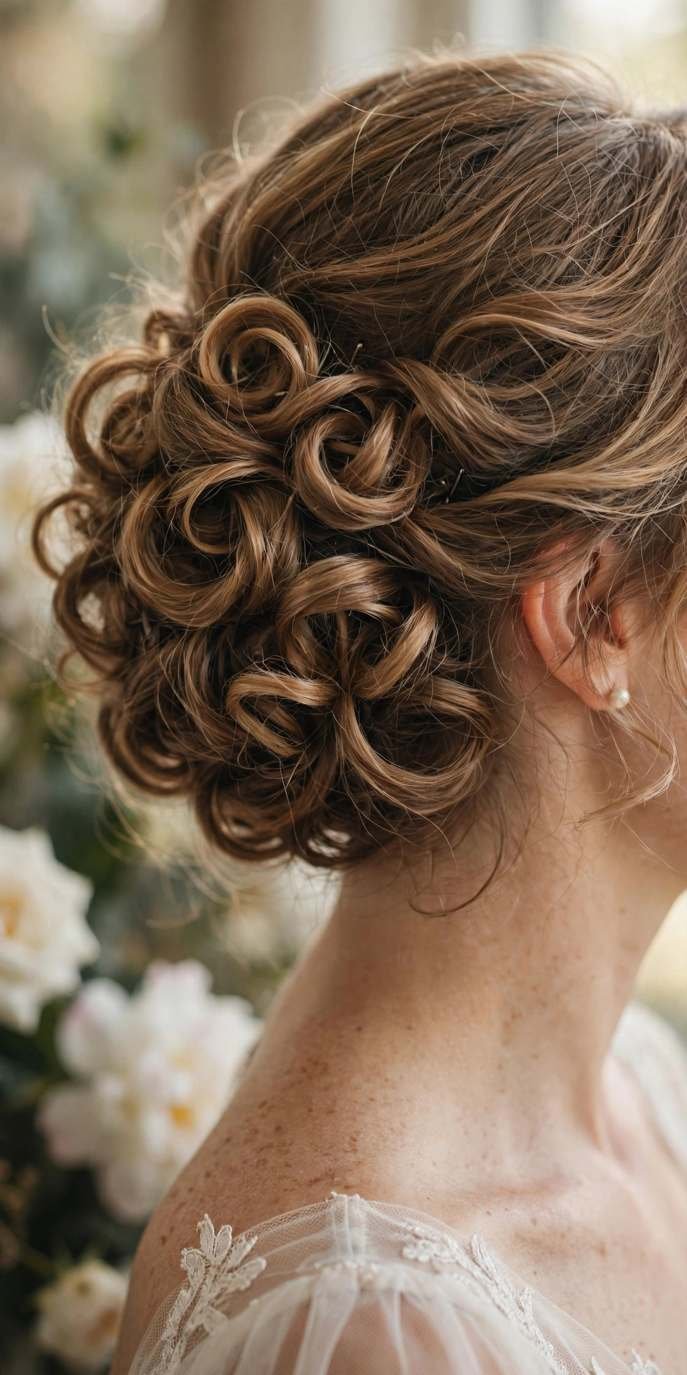 Woman with low pinned curls bob hairstyle