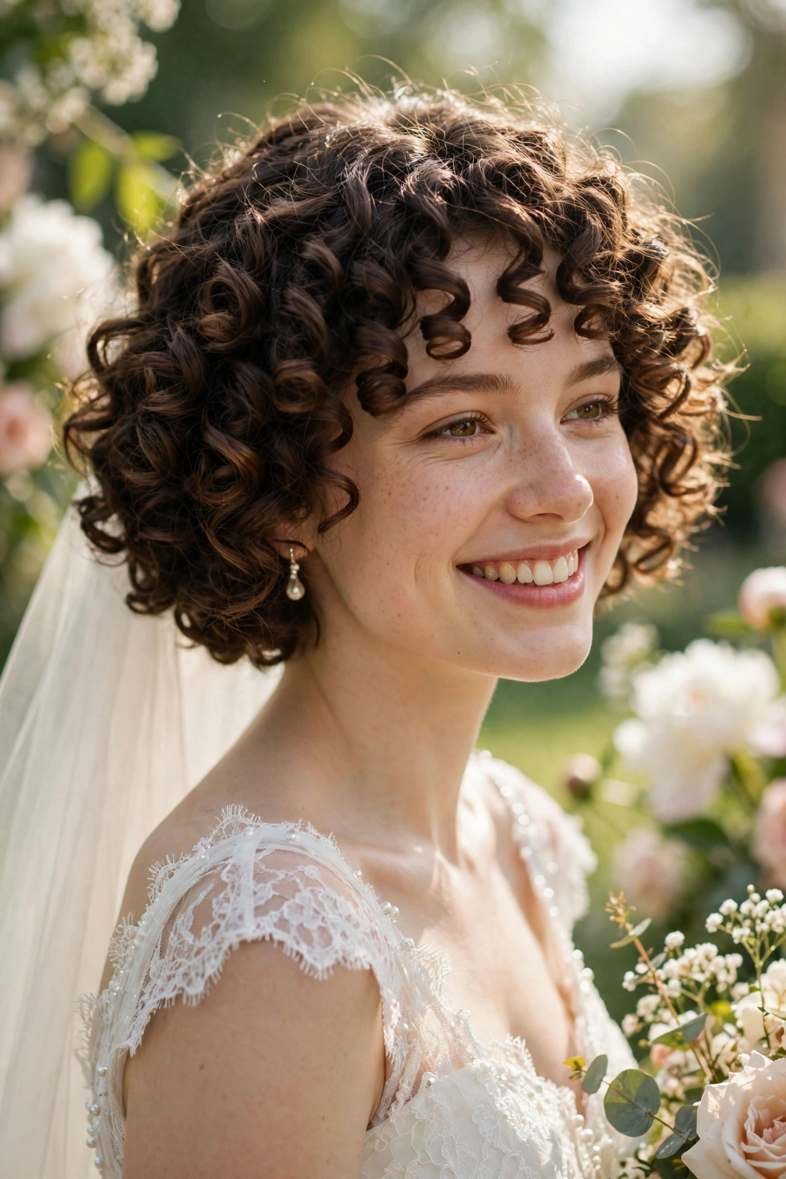 Woman with romantic ringlet curls bob
