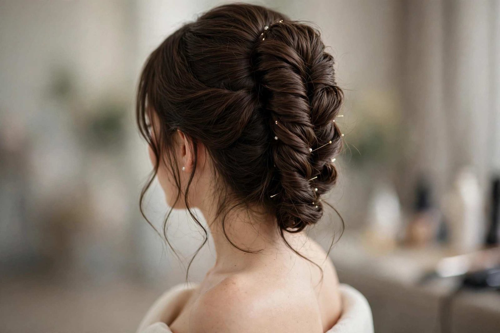 Textured French twist wedding updo on thick bob hair