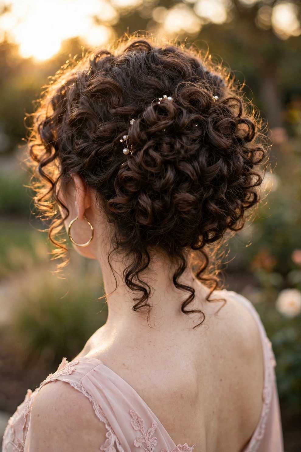 Pinned-up curly bob bridal hairstyle with veil